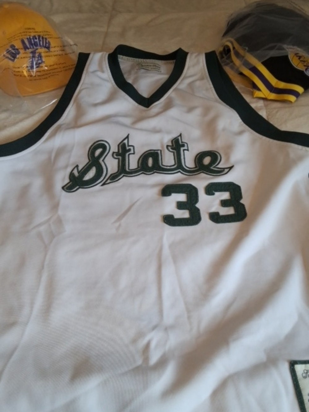Rare magic johnsonState 33 White & Dark Green Basketball Jersey -